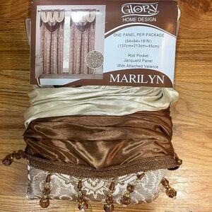 NEW  macrame jacquard fabric Panel w attached beaded valence Brown Beige 54 x 84